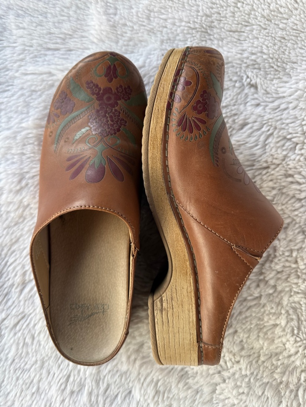 Dansko Women's Brown Leather Clog with Floral Accent